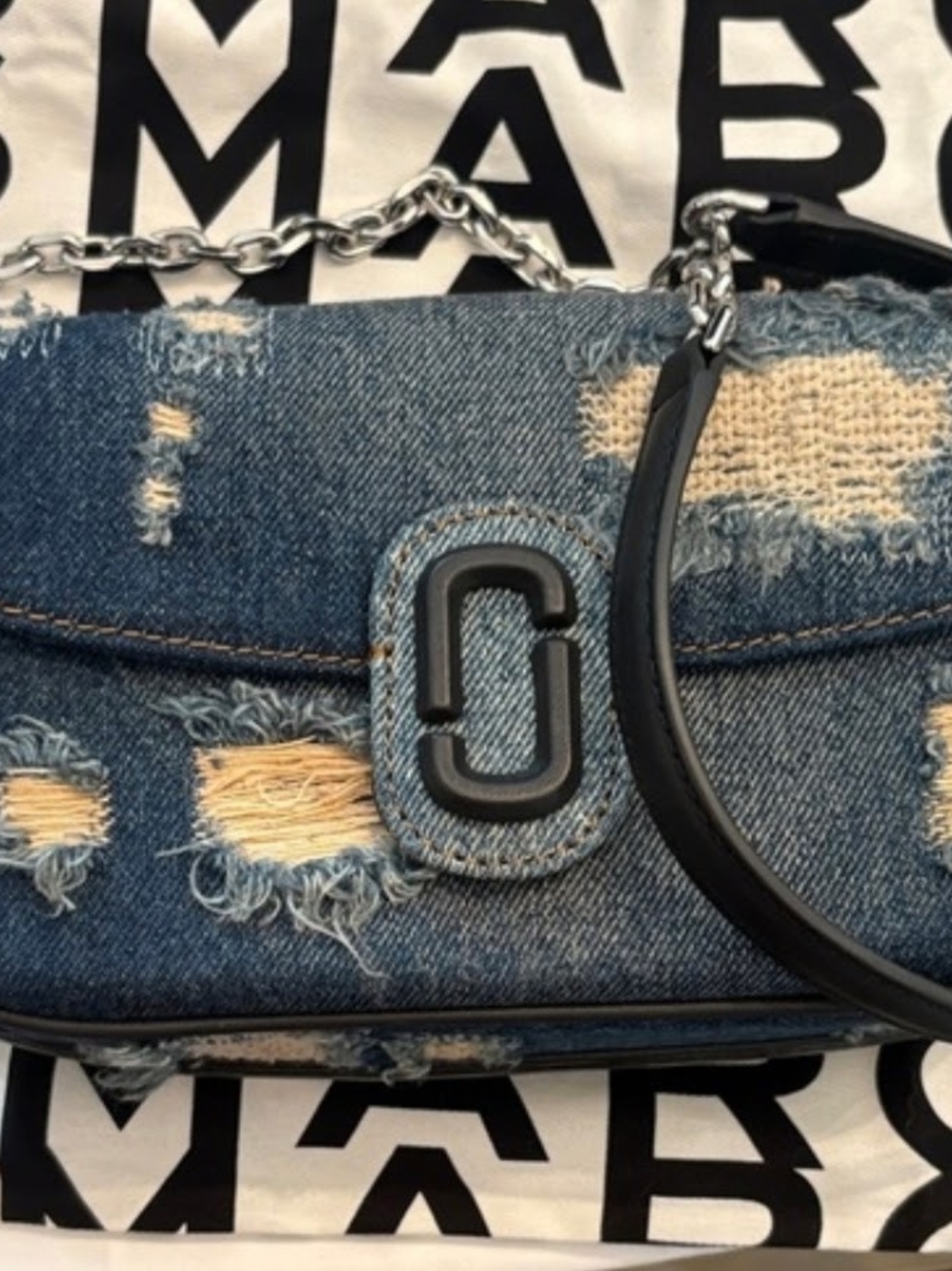 Marc Jacobs Distressed Denim Crossbody with Chain and Black Trim